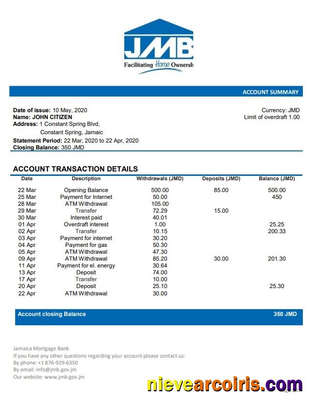 Jamaica Mortgage Bank statement